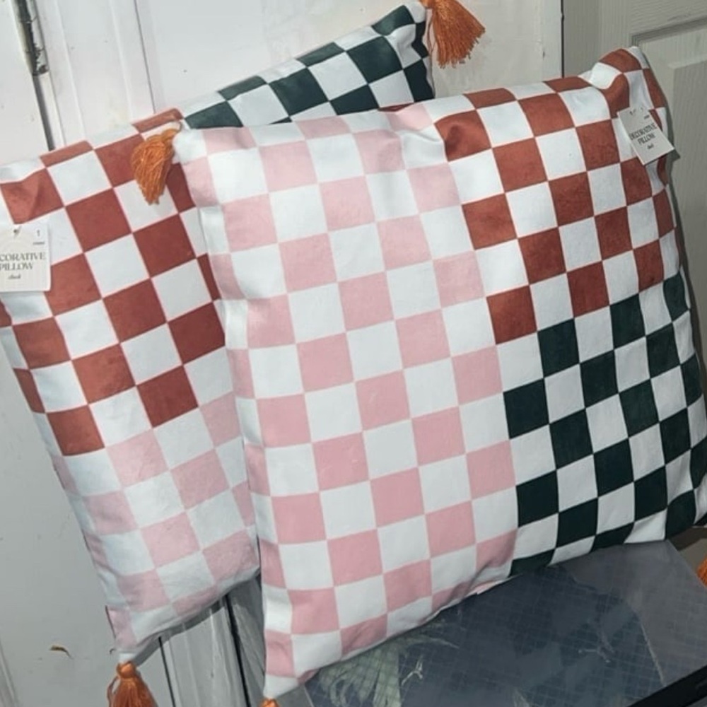 Checkered Pink and Black Pillows with Tassels